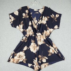 Miley + Molly Romper Womens Large Navy Blue Floral Surplice V-Neck Elastic Waist